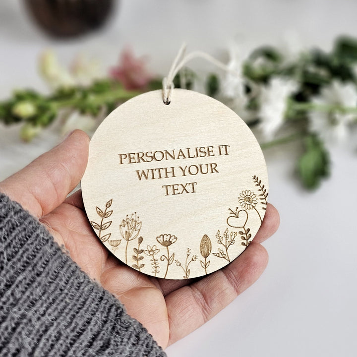 Wooden Ornament Floral Meadow, Personalised Keepsake, Hanging decoration, All Occasions