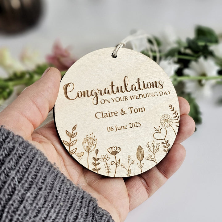 Wooden Wedding Ornament Floral Meadow, Personalised Keepsake, Hanging decoration