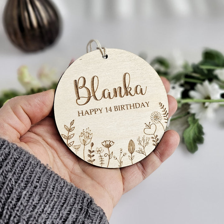 Wooden Birthday Ornament Floral Meadow, Personalised Keepsake, Hanging decoration