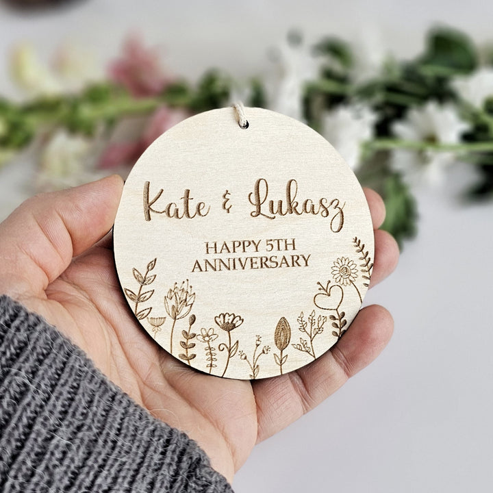 Wooden Anniversary Ornament Floral Meadow, Personalised Keepsake, Hanging decoration