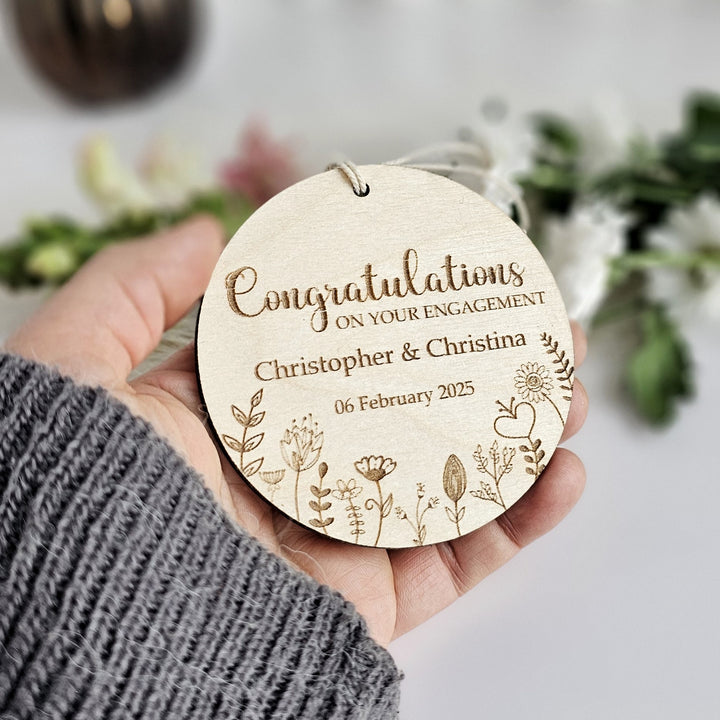 Wooden Engagement Ornament Floral Meadow, Personalised Keepsake, Hanging decoration