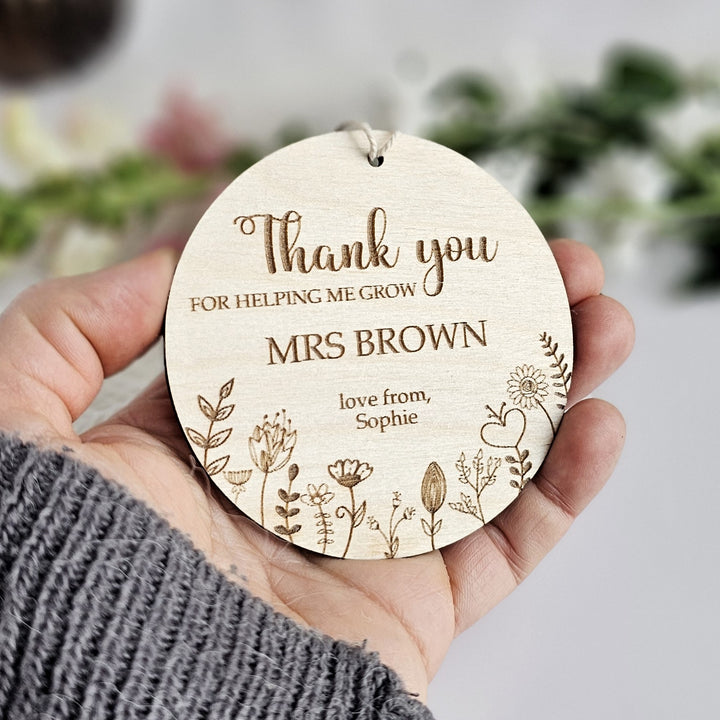 Wooden Teacher Ornament Floral Meadow, Personalised Keepsake, Hanging decoration, End of School Gift