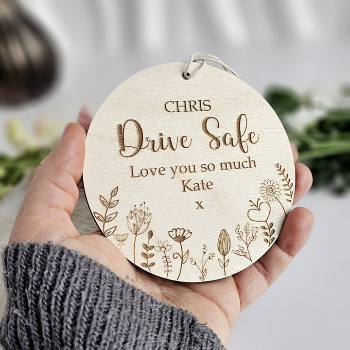 Drive Safe Wooden Pendant Floral Meadow, Personalised Car Mirror I Love You Lucky Charm