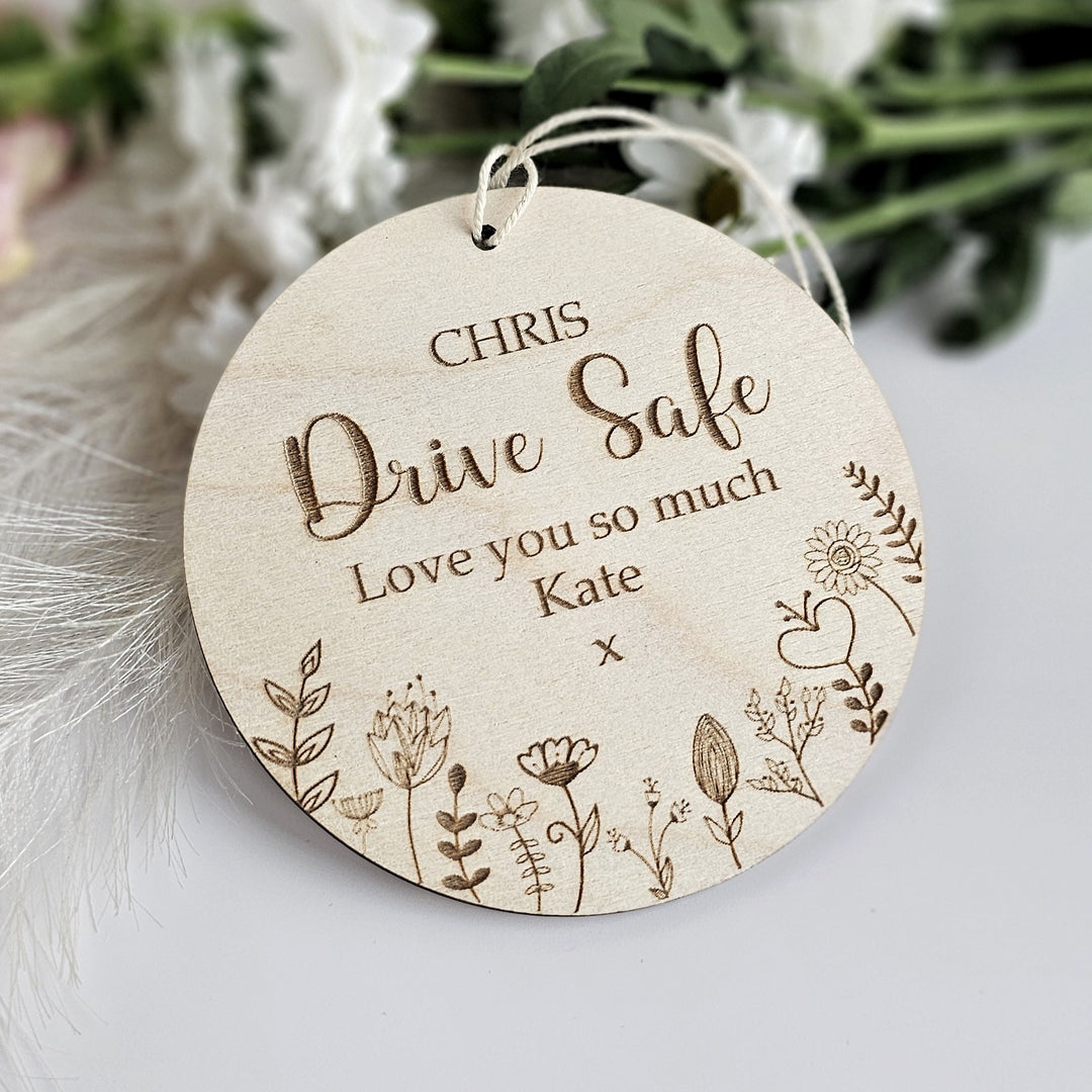 Drive Safe Wooden Pendant Floral Meadow, Personalised Car Mirror I Love You Lucky Charm