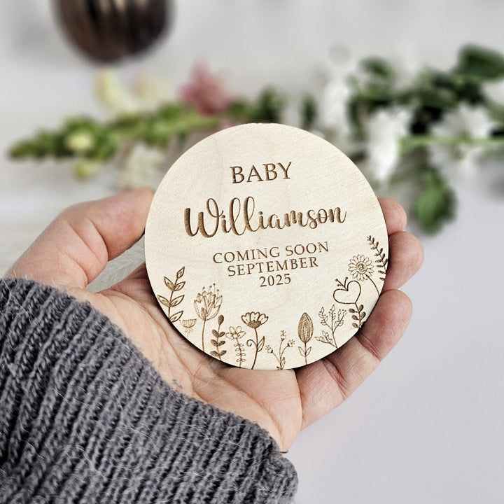 Coming Soon Baby Announcement Plaque - Floral Meadow - Personalised Wooden Milestone Disc & Photo Prop