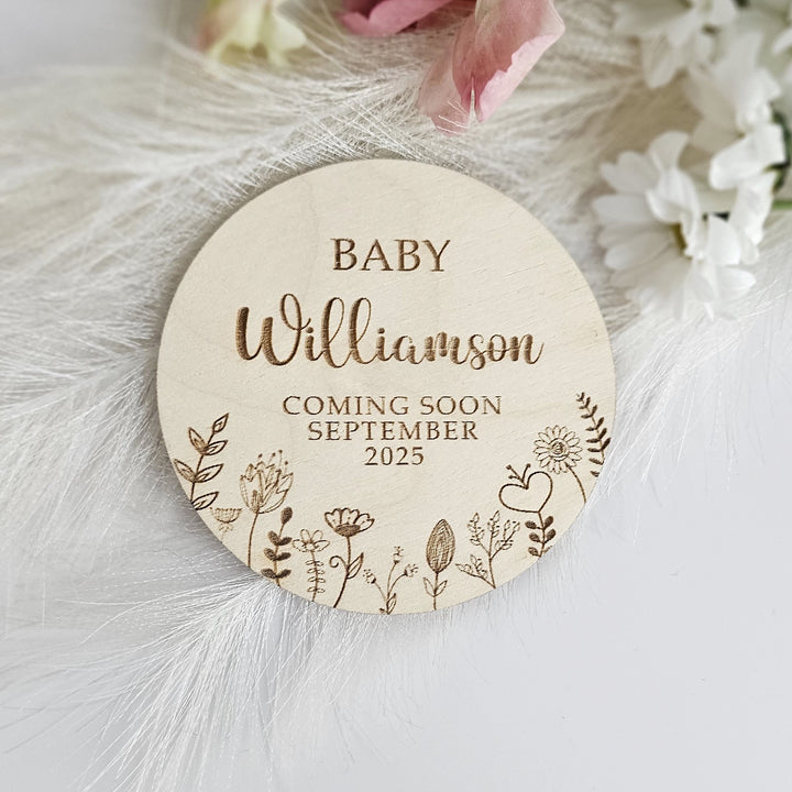 Coming Soon Baby Announcement Plaque - Floral Meadow - Personalised Wooden Milestone Disc & Photo Prop