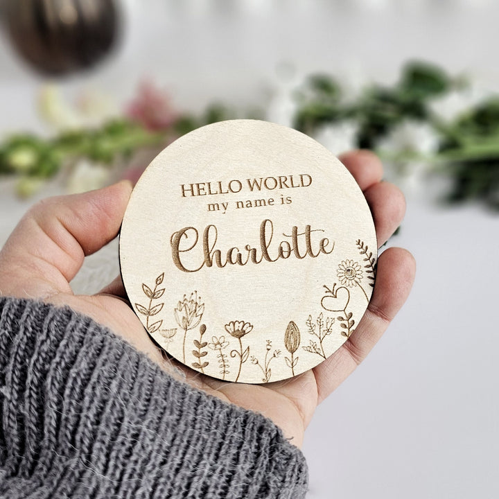 Personalised Wooden Baby Name Announcement Plaque – "Hello World, My Name Is" – Floral Meadow Design