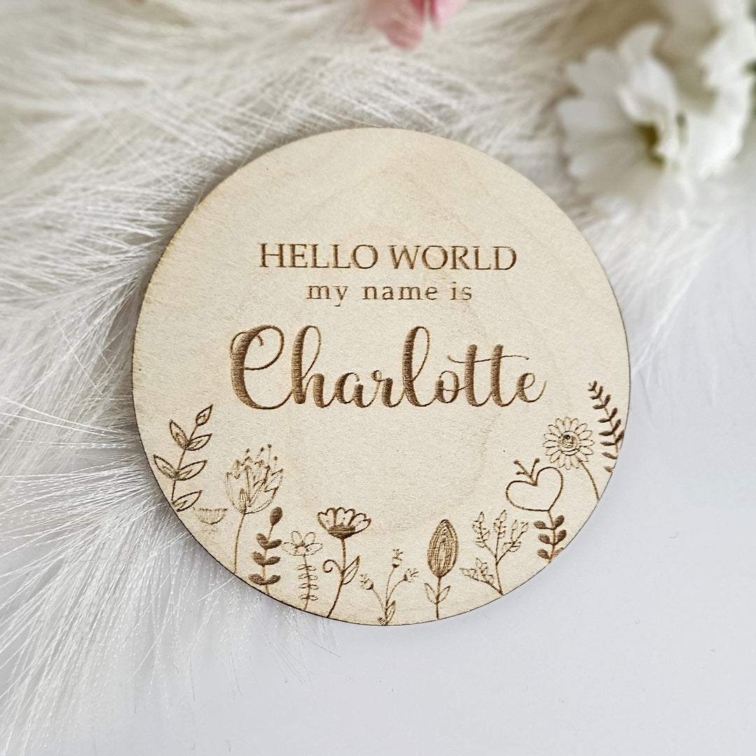 Personalised Wooden Baby Name Announcement Plaque – "Hello World, My Name Is" – Floral Meadow Design