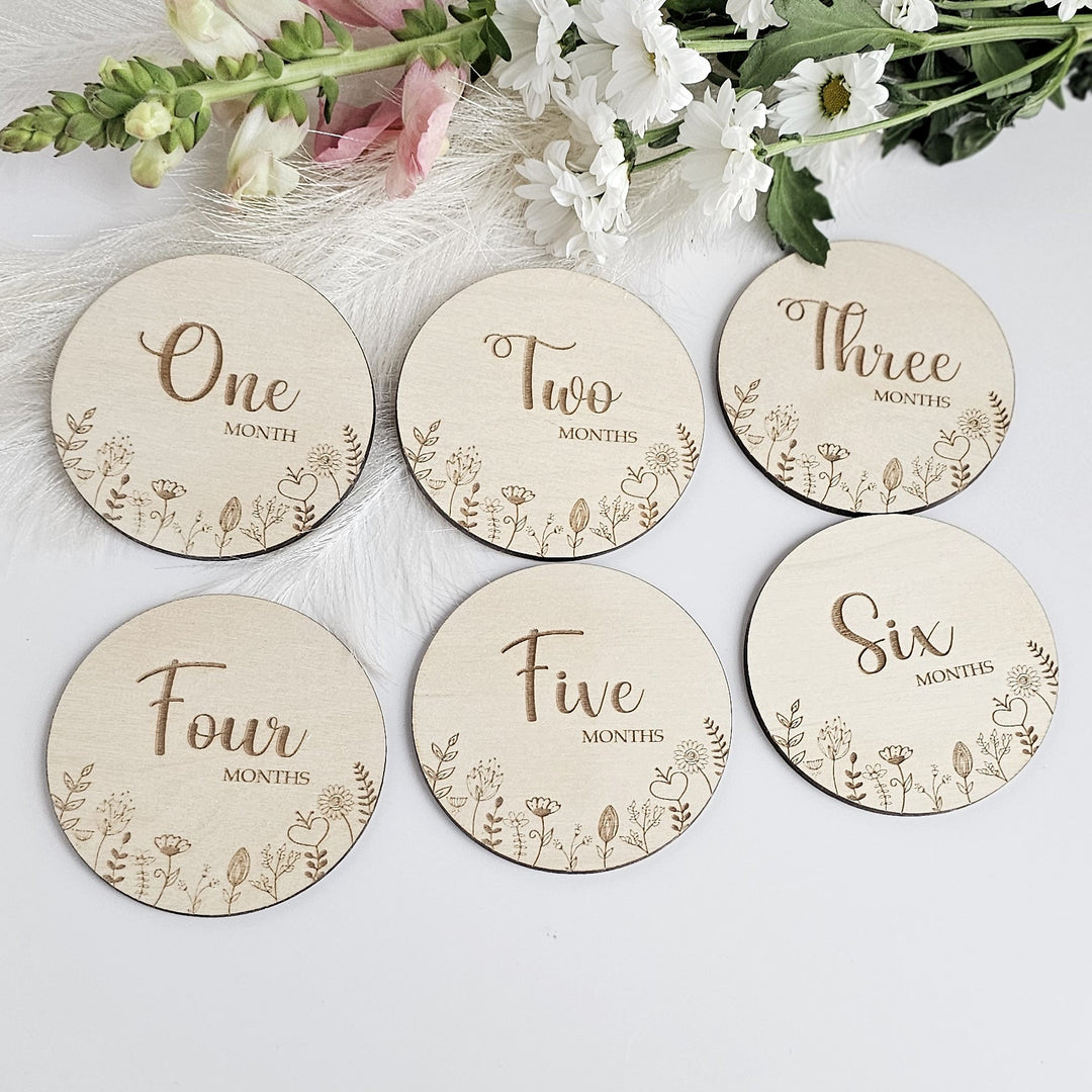 Baby Milestone Cards Floral Meadow, Wooden Month Discs, Personalised Milestone Plaques, Newborn Gift, Social Media Photo Props, Baby shower - set of 6 discs