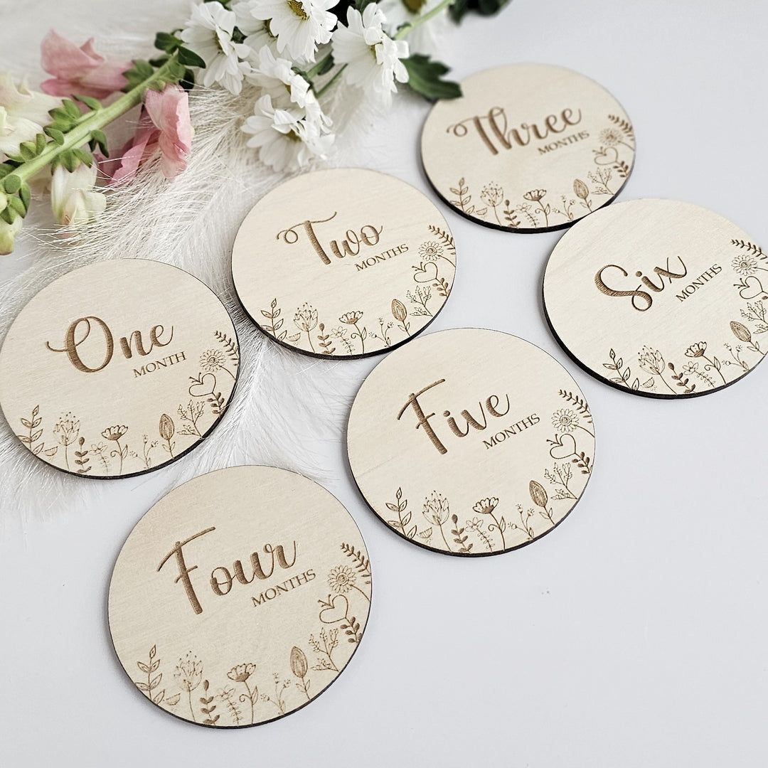 Baby Milestone Cards Floral Meadow, Wooden Month Discs, Personalised Milestone Plaques, Newborn Gift, Social Media Photo Props, Baby shower - set of 6 discs