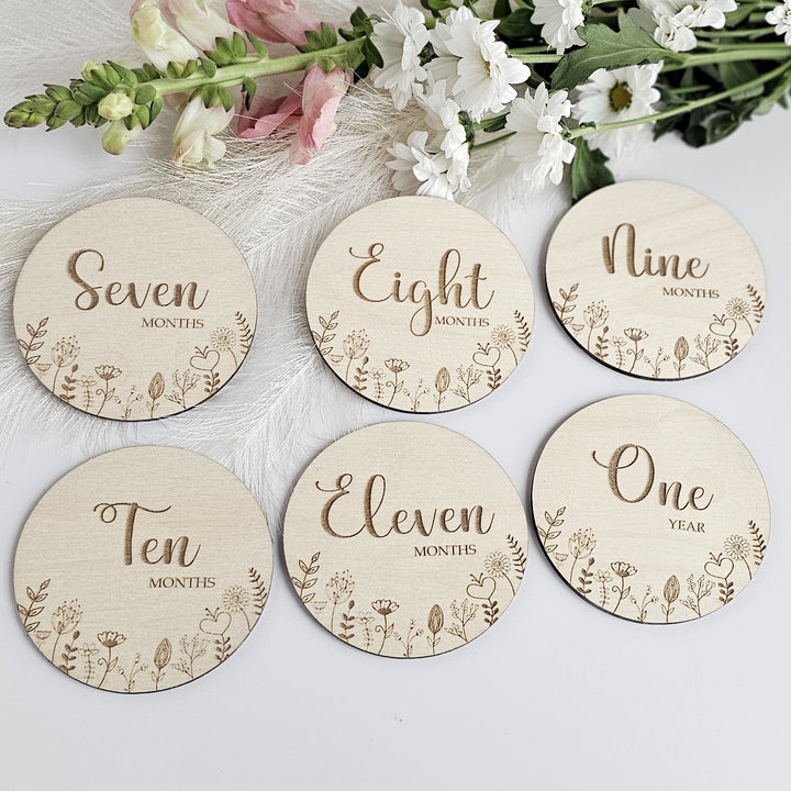 Baby Milestone Cards Floral Meadow, Wooden Month Discs, Personalised Milestone Plaques, Newborn Gift, Social Media Photo Props, Baby shower - set of 6 discs