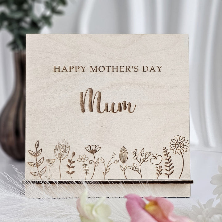 Mother's Day Wooden Card Floral Meadow, Personalised Standing Keepsake, Desk Decor Ornament