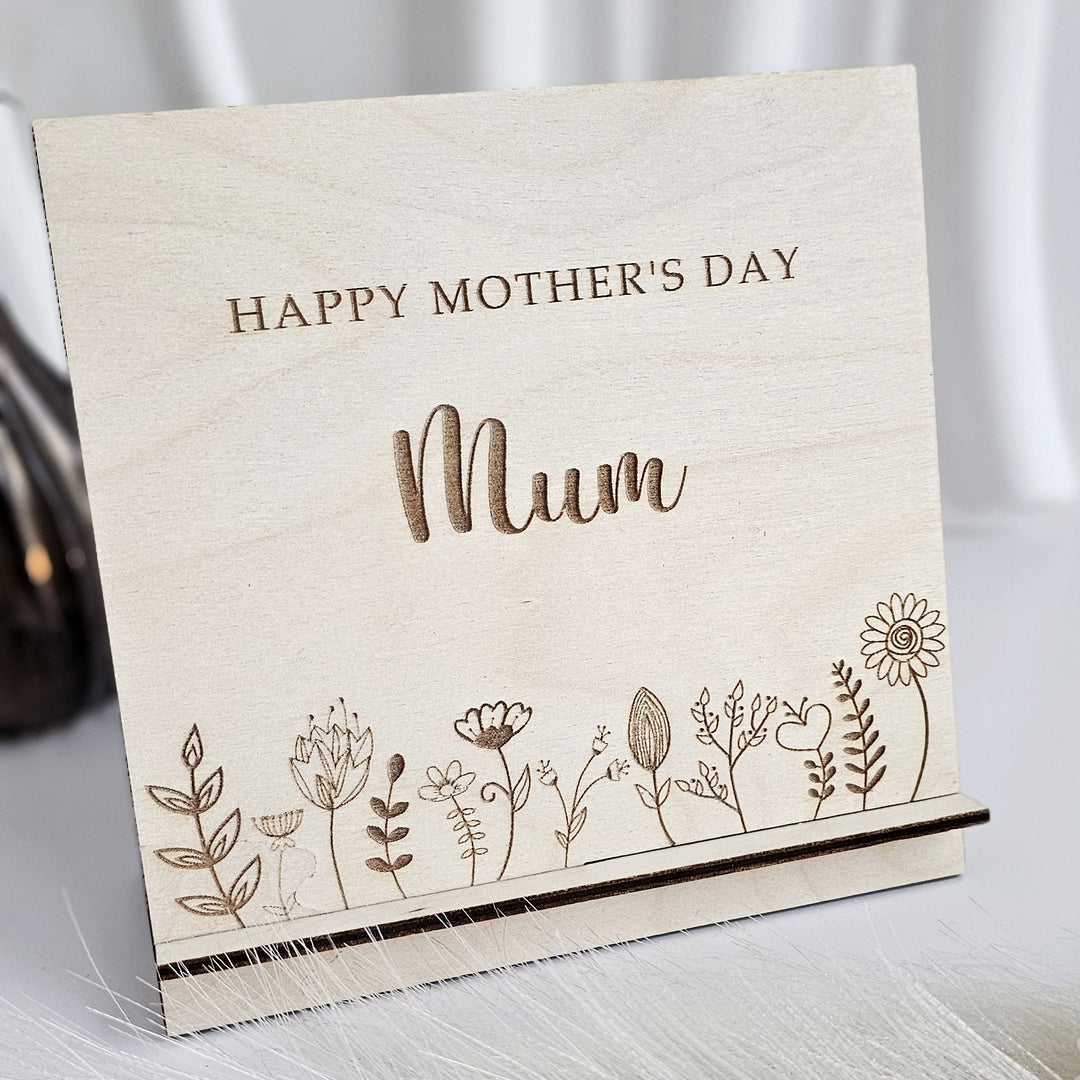 Mother's Day Wooden Card Floral Meadow, Personalised Standing Keepsake, Desk Decor Ornament