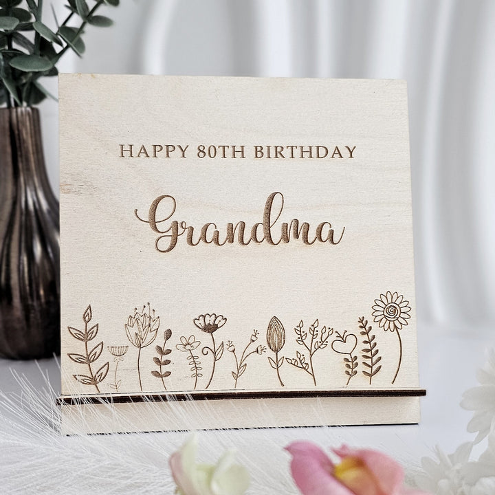 Birthday Wooden Card Floral Meadow, Personalised Standing Keepsake, Desk Decor Ornament