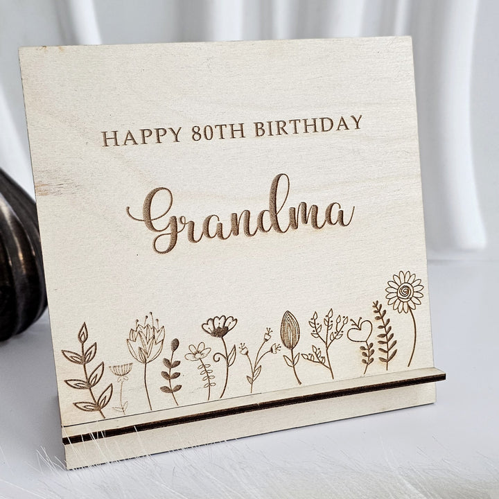 Birthday Wooden Card Floral Meadow, Personalised Standing Keepsake, Desk Decor Ornament