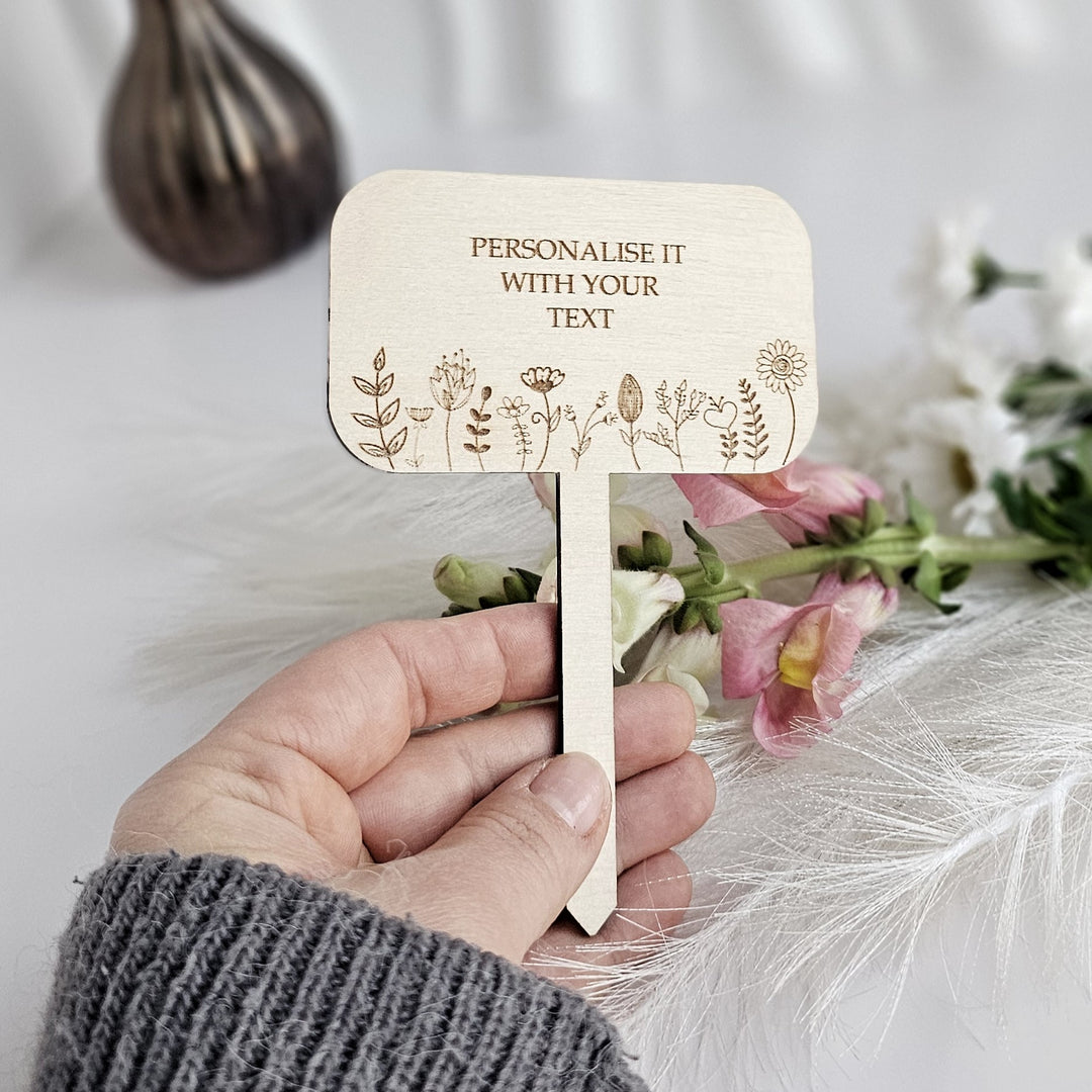 Personalised Wooden Plant Gift Tag – Floral Meadow Design - Rectangle shape