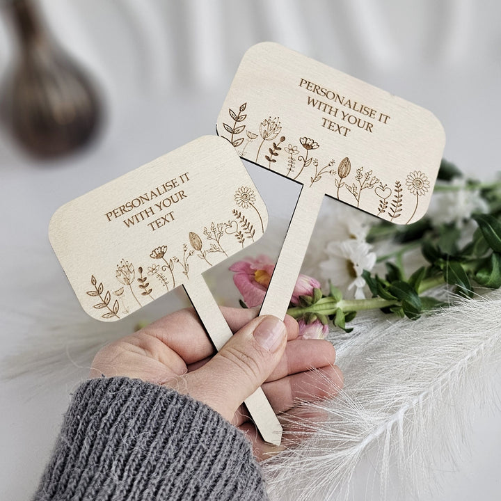 Personalised Wooden Plant Gift Tag – Floral Meadow Design - Rectangle shape