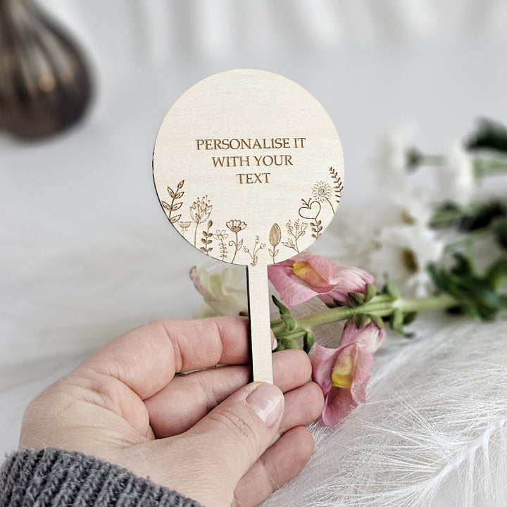 Personalised Wooden Plant Gift Tag – Floral Meadow Design - Round shape