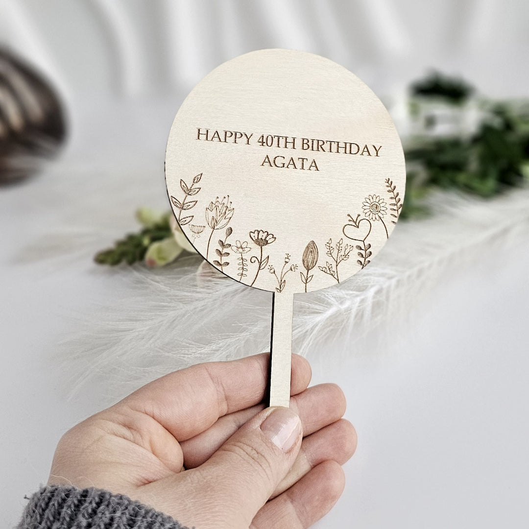 Personalised Wooden Plant Gift Tag – Floral Meadow Design - Round shape