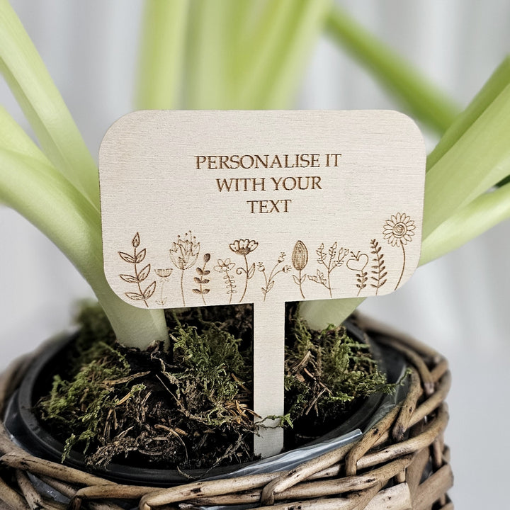 Personalised Wooden Plant Gift Tag – Floral Meadow Design - Rectangle shape