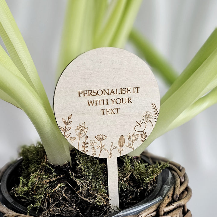 Personalised Wooden Plant Gift Tag – Floral Meadow Design - Round shape