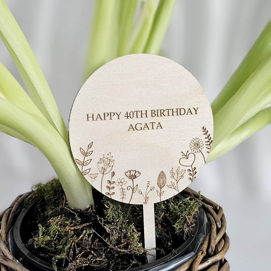 Personalised Wooden Plant Gift Tag – Floral Meadow Design - Round shape