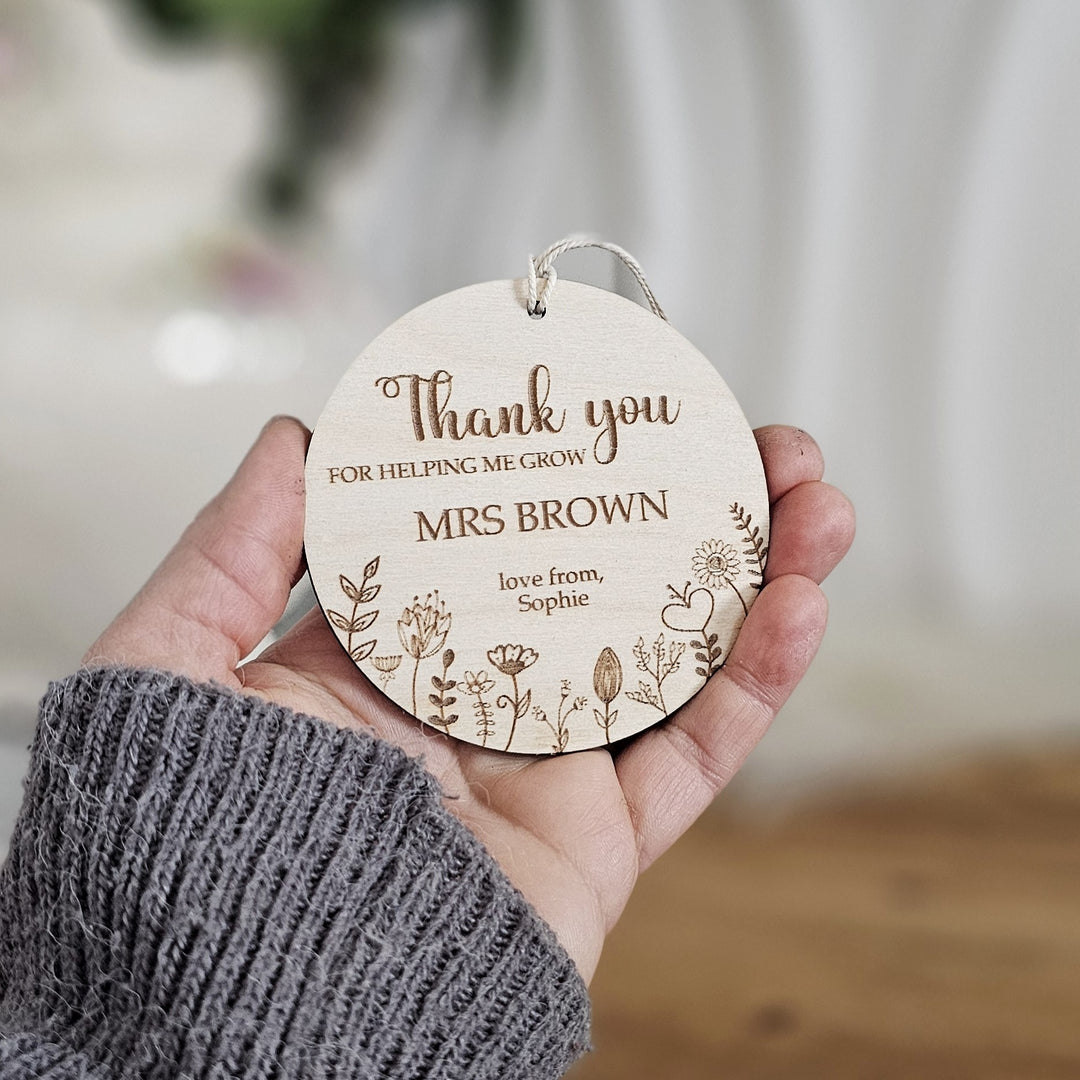 Wooden Teacher Ornament Floral Meadow, Personalised Keepsake, Hanging decoration, End of School Gift