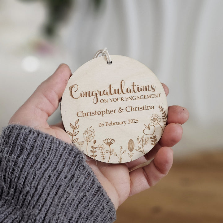 Wooden Engagement Ornament Floral Meadow, Personalised Keepsake, Hanging decoration