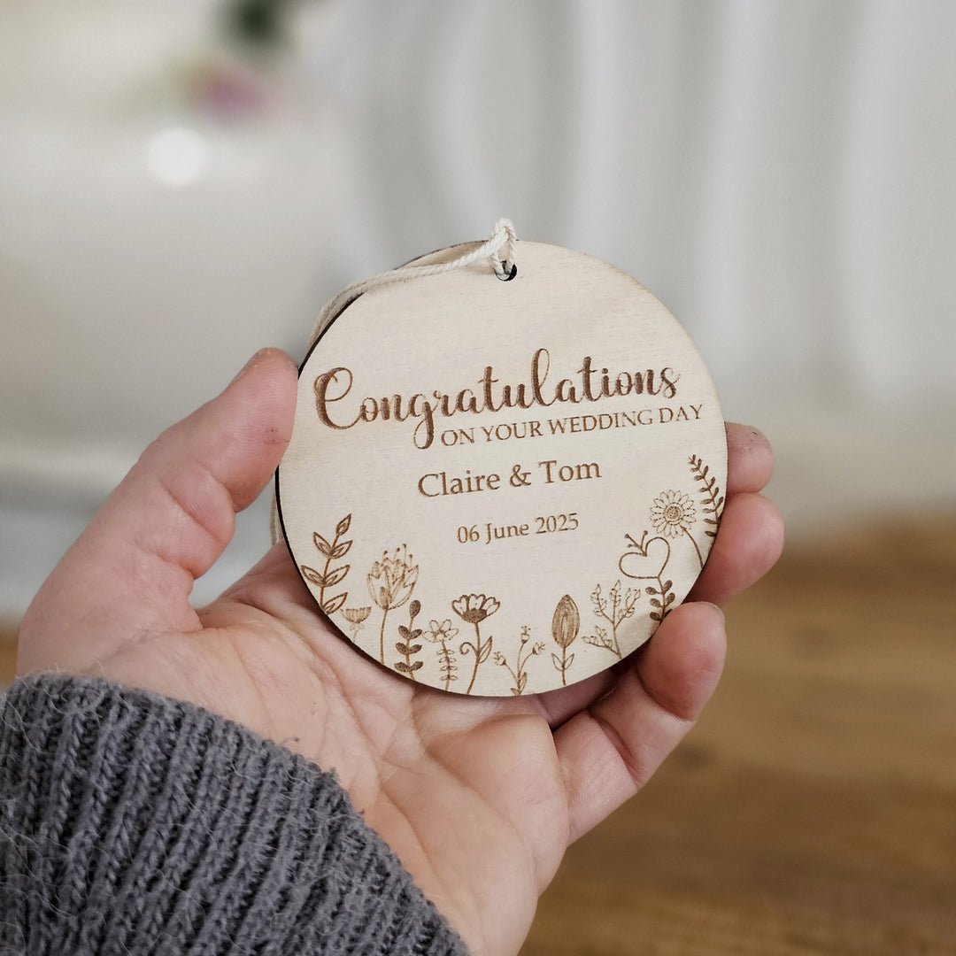 Wooden Wedding Ornament Floral Meadow, Personalised Keepsake, Hanging decoration