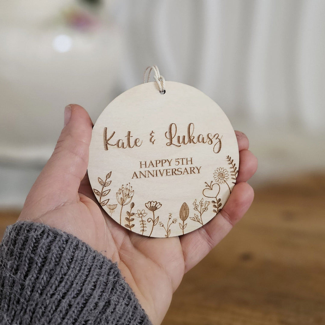 Wooden Anniversary Ornament Floral Meadow, Personalised Keepsake, Hanging decoration