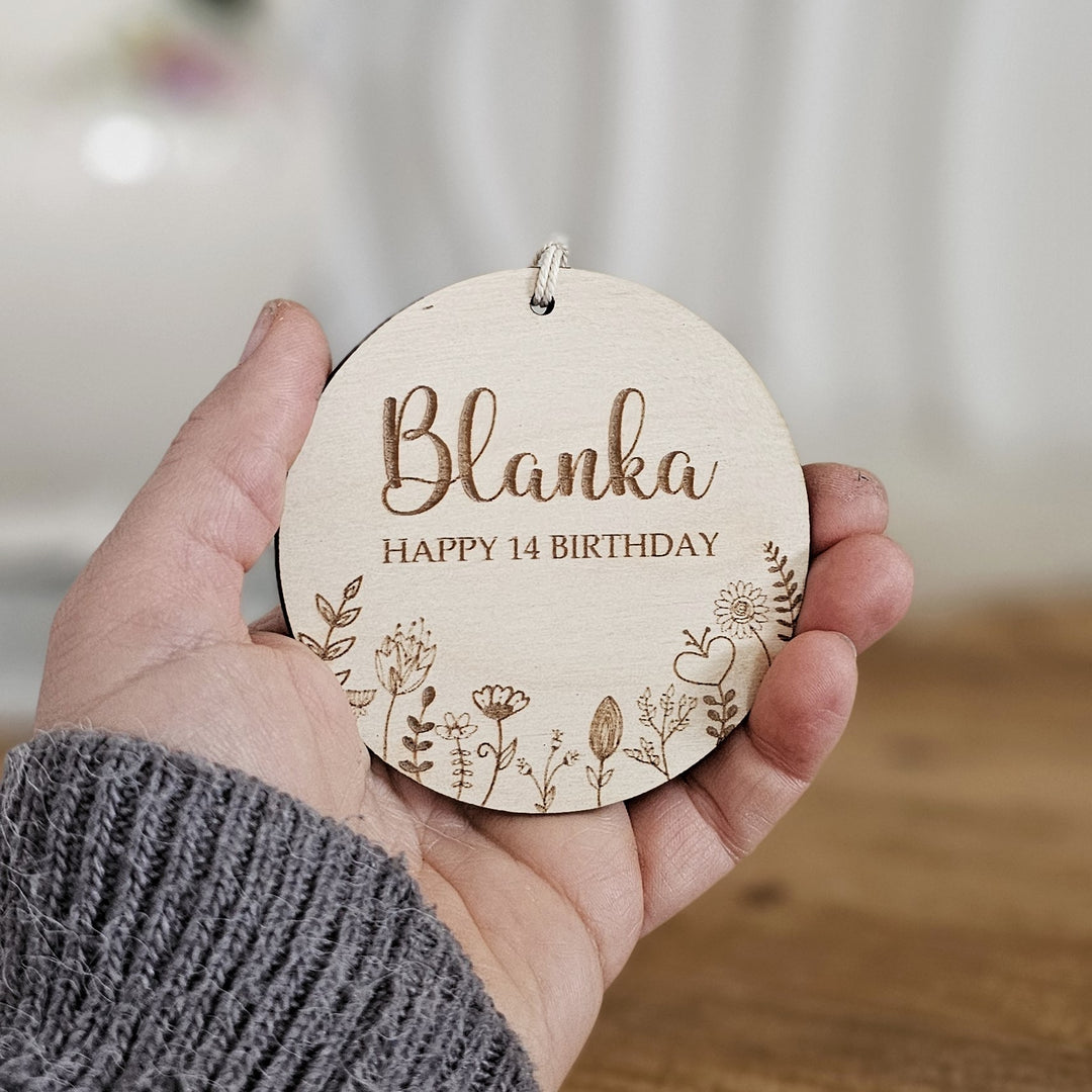 Wooden Birthday Ornament Floral Meadow, Personalised Keepsake, Hanging decoration