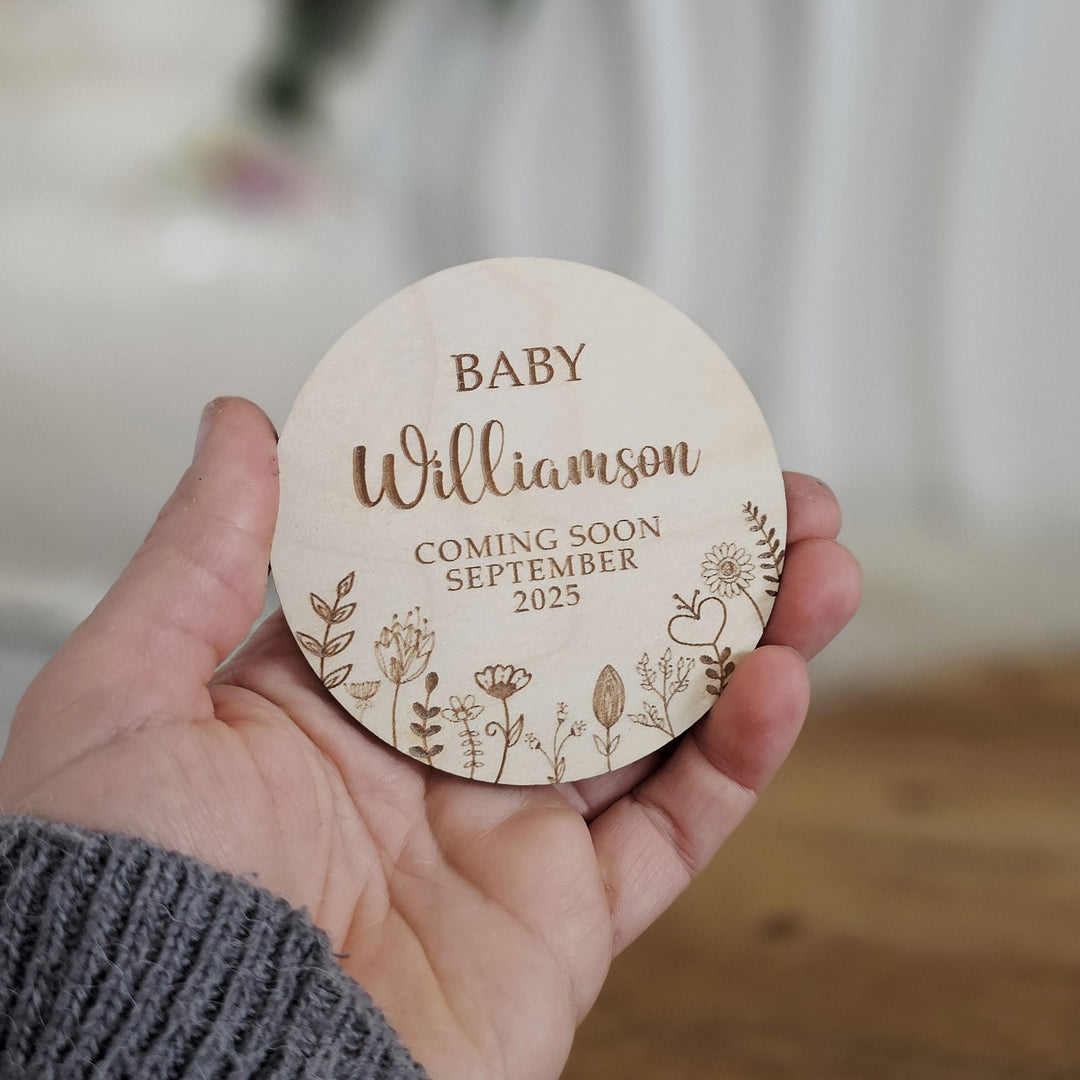 Coming Soon Baby Announcement Plaque - Floral Meadow - Personalised Wooden Milestone Disc & Photo Prop