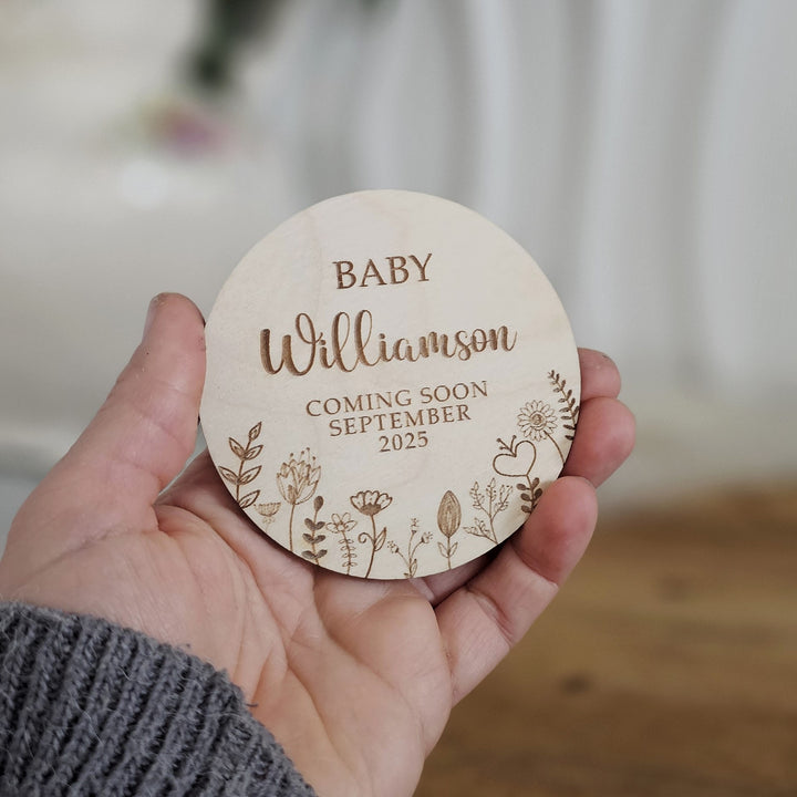 Coming Soon Baby Announcement Plaque - Floral Meadow - Personalised Wooden Milestone Disc & Photo Prop