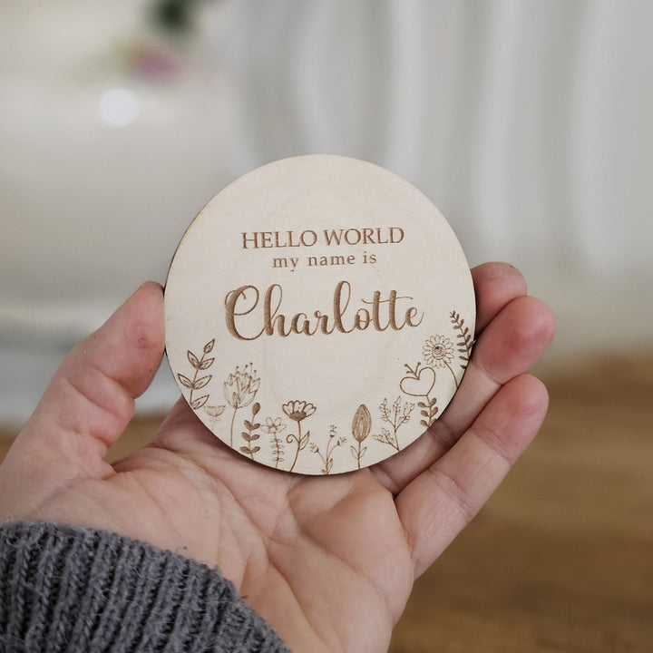 Personalised Wooden Baby Name Announcement Plaque – "Hello World, My Name Is" – Floral Meadow Design