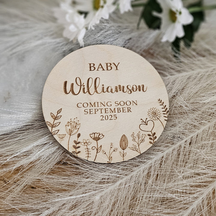 Coming Soon Baby Announcement Plaque - Floral Meadow - Personalised Wooden Milestone Disc & Photo Prop