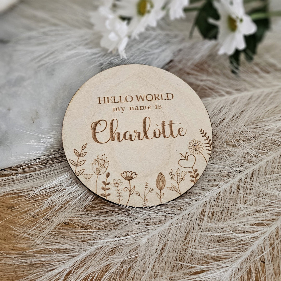 Personalised Wooden Baby Name Announcement Plaque – "Hello World, My Name Is" – Floral Meadow Design