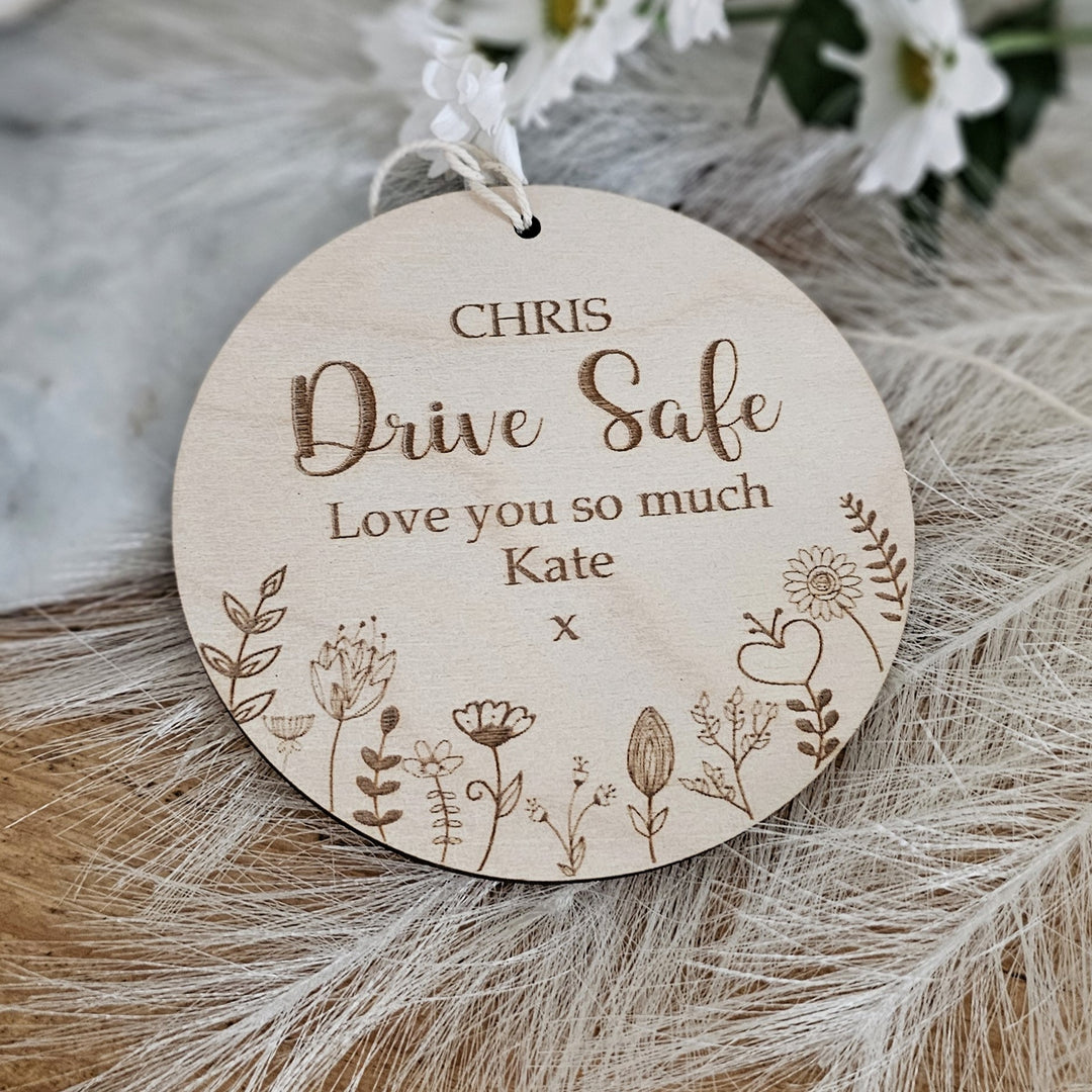 Drive Safe Wooden Pendant Floral Meadow, Personalised Car Mirror I Love You Lucky Charm