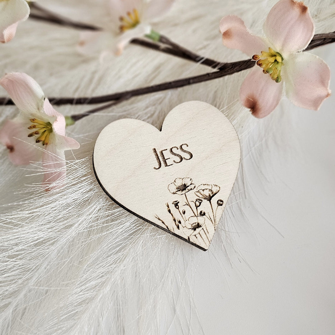 Personalised Wedding Place Name Tags | Engraved Rustic Favor Hearts | Botanical Wooden Wedding Keepsakes