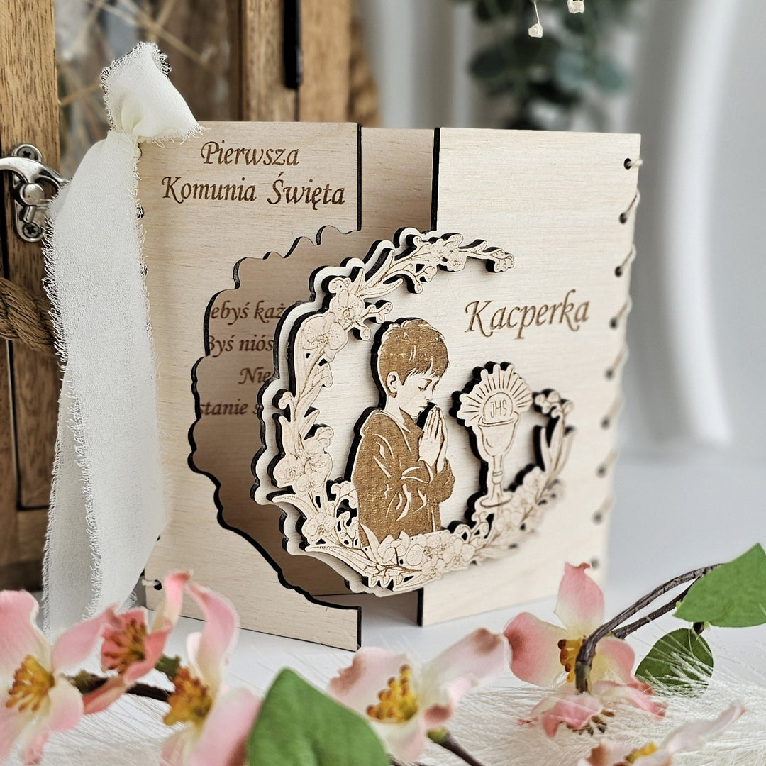 First Holy Communion Wooden Card for Boy - Personalised Engraved Keepsake