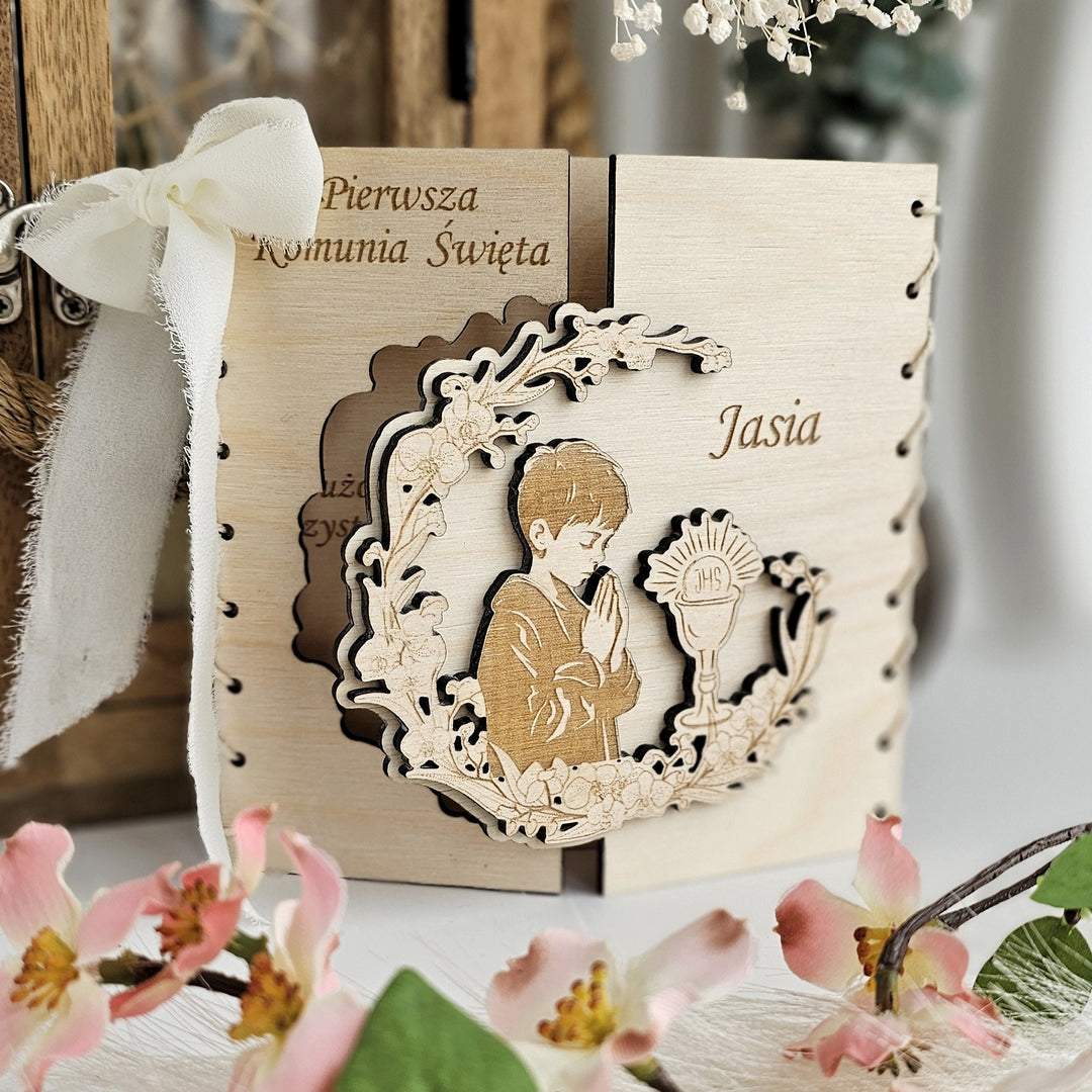 First Holy Communion Wooden Card for Boy - Personalised Engraved Keepsake