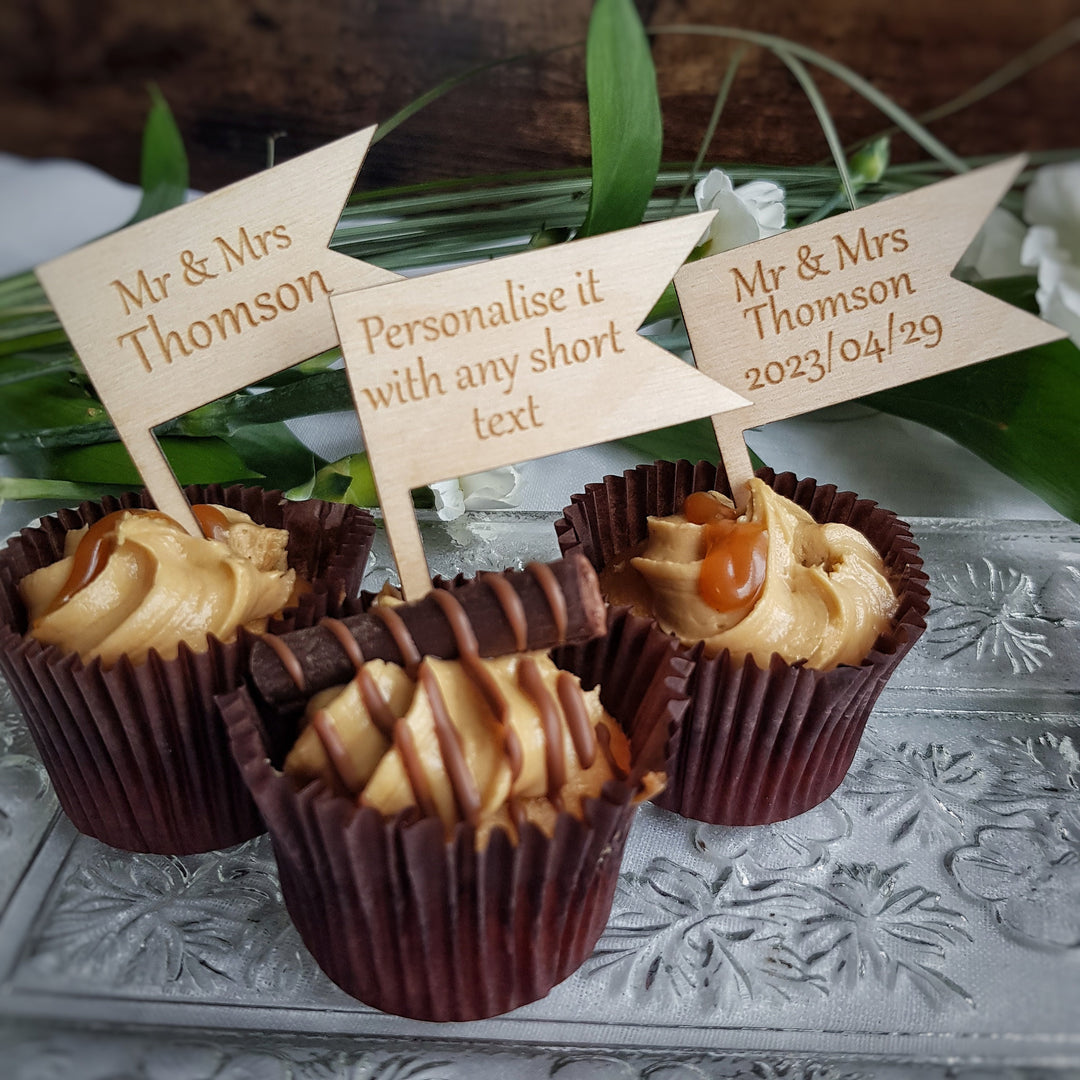 Personalised Cupcake Toppers: Rustic Wooden Party Decoration - Flag