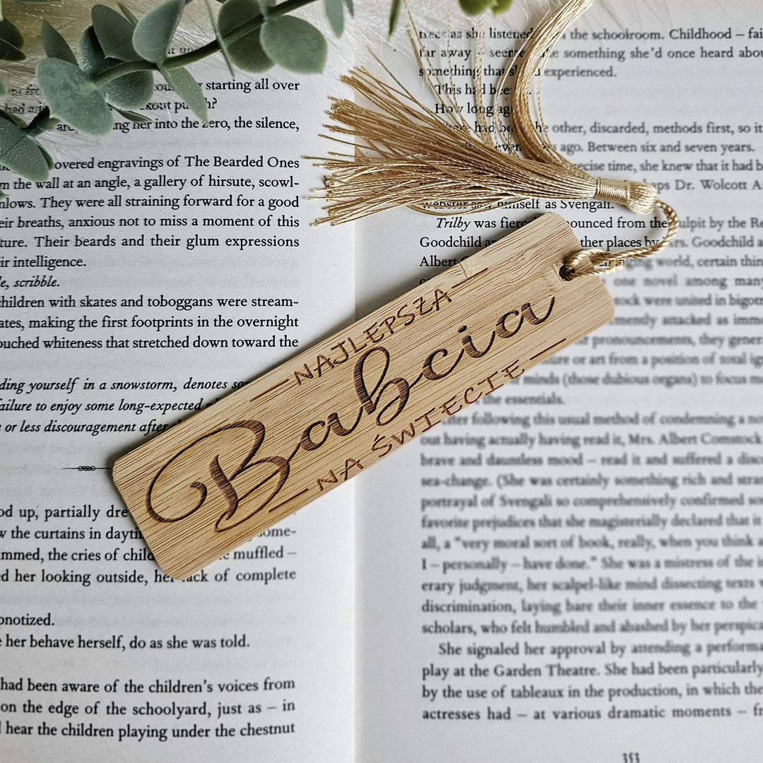Grandmother Bookmark – Personalised Wooden Bamboo Gift with Golden Silky Tassel