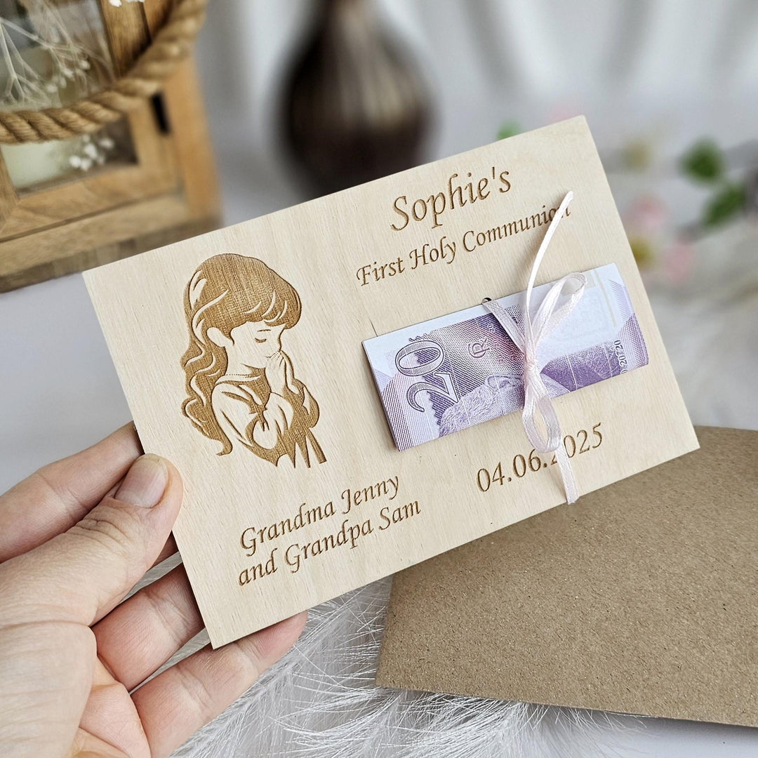 Personalised Money Wallet – Wooden First Holy Communion Gift Card For Girl Keepsake