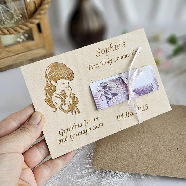 Personalised Money Wallet – Wooden First Holy Communion Gift Card For Girl Keepsake