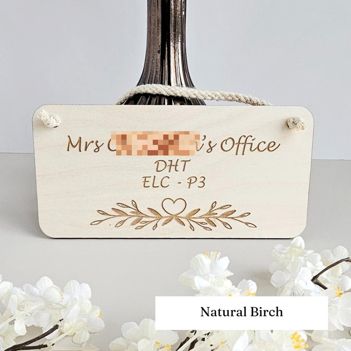 Personalised Rustic Wooden Plaque - Leaves Heart Design - Bedroom Doors, Offices