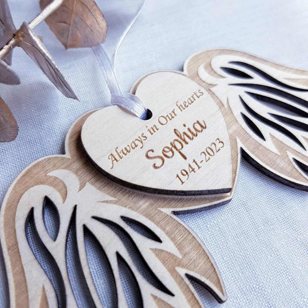Personalised Memorial Angel Wings Bauble - Custom Wooden Christmas Decoration