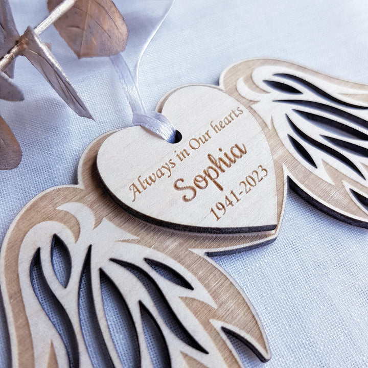 Personalised Memorial Angel Wings Bauble - Custom Wooden Christmas Decoration