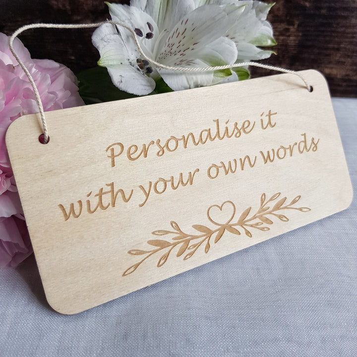Personalised Rustic Wooden Plaque - Leaves Heart Design - Bedroom Doors, Offices