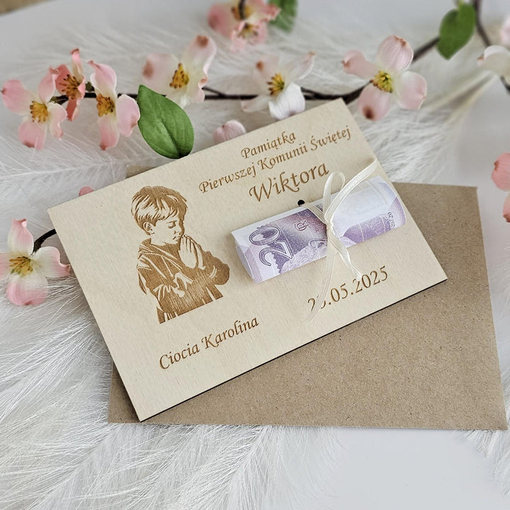 Personalised First Holy Communion Wooden Money Card - Praying Boy