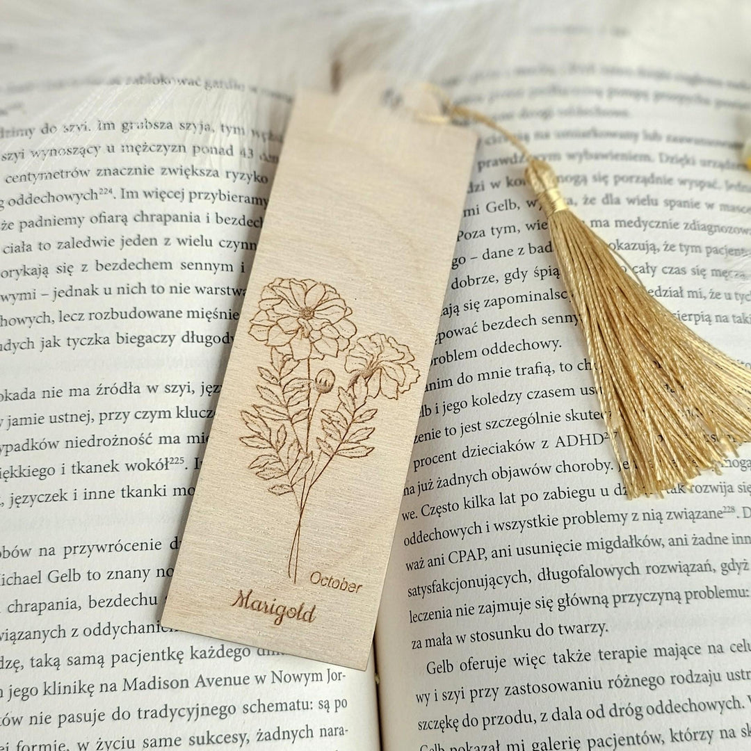 Birth Flower Bookmark October Marigold - Personalised Wooden Gift for Book Lovers